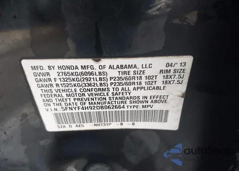 2013 Honda Pilot Touring z USA, uszkodzony, nr VIN 5FNYF4H92DB062664